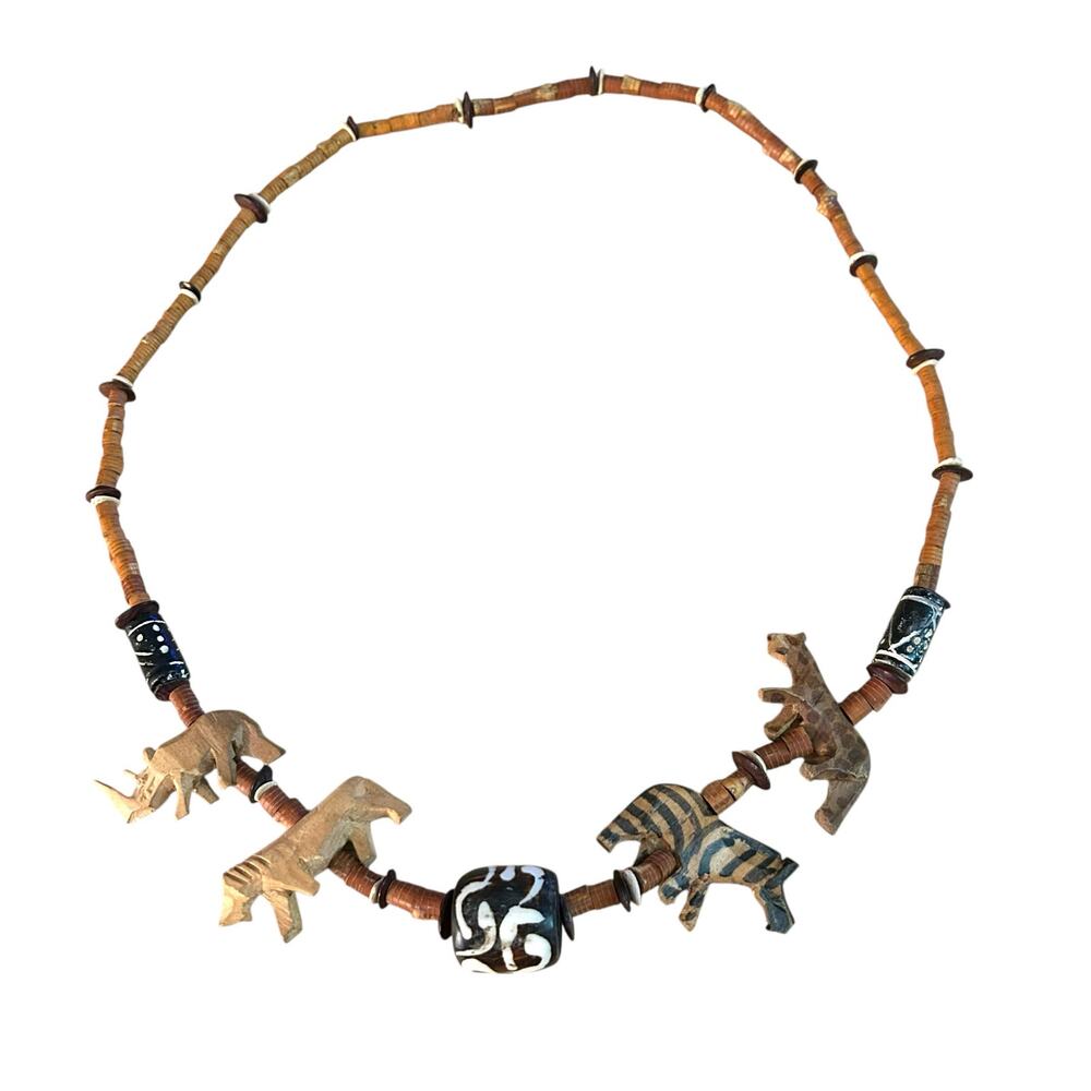 Wooden Beaded Carved African Safari Animals Necklace Earth Tones
